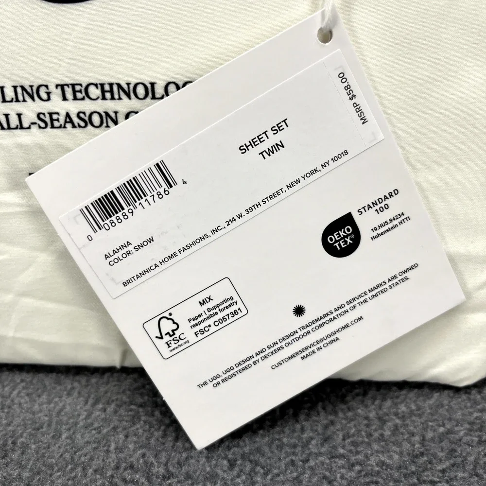 UGG TWIN Sheet Set Alahna Cooling Technology All-Season Snow 4‎ Piece Set